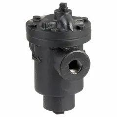 Cast iron inverted-bucket steam trap for horizontal in-line installation. 1/2-inch FNPT connections. Maximum capacity 572 lb/hr at 150 psi and 450°F. Strainer not included. Used to drain condensate from steam lines in industrial and HVAC systems.