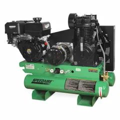 This combination air compressor and generator from SPEEDAIRE is a 2-stage unit powered by a 14 hp engine with recoil start. It delivers 15.7 cfm and includes an 8 gal air tank. Suitable for job sites requiring both compressed air and electrical power for pneumatic tools and equipment.