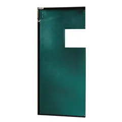 General purpose swinging door with a single leaf, constructed of green PVC/vinyl. Includes a vinyl window, bumpers, door seals, and mounting hardware. Meets USDA standards. Suitable for use in industrial facilities requiring a durable, easy-to-clean barrier.