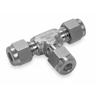 This compression tee fitting is made of stainless steel with double-ferrule design, sized 15 mm OD on all three ends. It is compatible with Swagelok brand fittings and is used to create branch connections in tubing systems for splitting flow into two directions