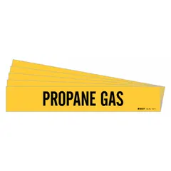 Yellow adhesive pipe marker with black 'Propane Gas' legend, designed for pipe outer diameters from 2-1/2 to 7-7/8 inches. Each marker provides clear identification of propane gas lines in industrial piping systems. Sold in a 5-pack without directional arrows.