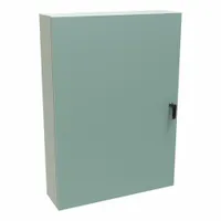 Steel enclosure with solid hinged cover and latch closure, rated NEMA 12/3R/4 for protection against dust, rain, and hose-directed water. Measures 42 x 30 x 8 inches. No knockouts included. Suitable for housing electrical controls in indoor or outdoor industrial environments