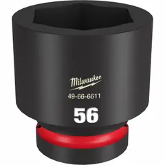 This 1" drive impact socket is a 56 mm metric, 6-point, standard-length tool with a friction ring retention mechanism. It is suited for heavy-duty fastening tasks using high-torque impact tools in industrial maintenance, construction, and automotive repair.