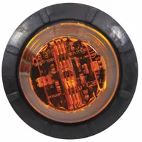 LED clearance light with round surface-mount design, amber lens, and IP67 rating. Features male bullet connector and mounts via hole/panel. Used on trucks, trailers, and heavy equipment for side visibility and width indication