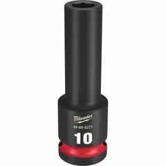 This MILWAUKEE deep impact socket features a 1/2" drive and a 10 mm metric socket size. The 6-point deep design allows access to recessed fasteners, while the friction retention system secures the socket on the anvil. Suitable for use with impact wrenches in fastening and loosening applications.