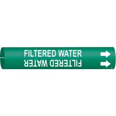 Green snap-on pipe marker with white legend reading 'Filtered Water' and directional arrows. Fits pipe outer diameters from 1-1/2 to 2-3/8 inches. Used to identify filtered water lines in industrial and commercial piping systems.