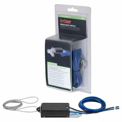 Trailer breakaway switch for tow vehicle safety systems. Activates trailer brakes in the event of separation from the towing vehicle. Dimensions: 1 in height, 1 in overall width.