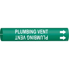 This snap-on pipe marker identifies plumbing vent lines. It features a green background with white legend text and directional arrows. Designed to fit pipe outer diameters from 3/4 to 1-3/8 inches. Supplied as a single marker.
