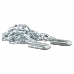 This light-duty safety chain is constructed from steel with a zinc-plated finish and features an open hook attachment. With a 48-inch overall length and a 30 duty capacity, it is suitable for securing trailers or loads during towing applications.