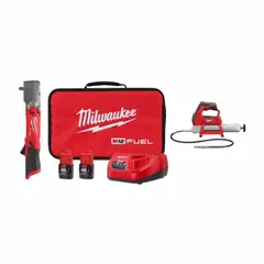 This 12 V DC cordless kit includes a grease gun and an impact wrench, both powered by the included battery. The impact wrench is used for fastening and loosening bolts, while the grease gun lubricates machinery. Typical applications include automotive repair, construction, and industrial maintenance.