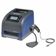 This PC-connected, single-color thermal transfer printer is designed for on-demand cable and wire labeling in industrial electrical, data center, and panel-building applications. It includes the Brady Workstation Product and Wire ID Software Suite and a handheld wired barcode scanner with stand.
