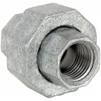 Medium-pressure threaded pipe union for connecting two male-threaded pipes in a straight run, allowing easy disconnection for maintenance. Constructed from malleable iron, rated for 300 psi at 150°F. Used in plumbing, HVAC, and industrial piping systems