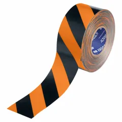 Black/orange striped floor marking tape with a 22 mil thick polyester backing. Used to designate safety zones, walkways, and hazard areas in industrial facilities. Series B-553, Brady ToughStripe Max.