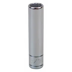 This 1/4" drive hand socket features a 9/32 in SAE size with a 12-point configuration and deep length. The chrome finish provides corrosion resistance. Suitable for tightening or loosening fasteners in confined spaces or on extended bolts.