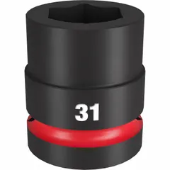 This 1" drive impact socket is designed for use with impact wrenches in heavy-duty fastening applications. It features a 31 mm metric, 6-point configuration for a secure grip on hex fasteners, and a friction retention mechanism to hold the socket on the anvil. The black phosphate finish provides corrosion resistance.