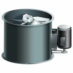 Belt drive fan with drive package, assembled for vertical mounting. Features a 36 5/8 in blade, totally enclosed continuous duty motor rated at 230/460V AC, 1 phase, 5 hp. Delivers 23,643 cfm at 0.000 in SP. Suitable for general ventilation and air movement in industrial, warehouse, and commercial settings where quiet operation is required.