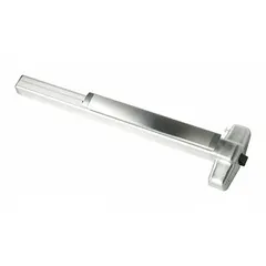 This surface vertical rod exit device features a chrome finish and a touchbar for push-pad actuation. Designed for doors up to 3 ft wide, it provides reliable egress in commercial and institutional settings.