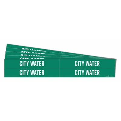 BRADY Pipe Marker: City Water, Green, White, Fits 3/4 to 2 3/8 in Pipe O.D., 4 Pipe Markers - City Water Adhesive Pipe Markers