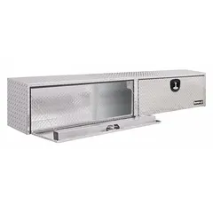 Double drop-down door topside box with 72-inch overall width. Silver finish with keyed lock for security. Designed for organized storage of tools and equipment on pickup trucks.