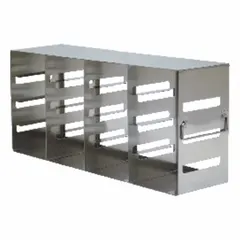 Stainless steel freezer rack with an overall width of 5 1/2 inches. Includes handles for easy access. Used for organizing and storing items in freezer environments, such as cold storage facilities and laboratories.