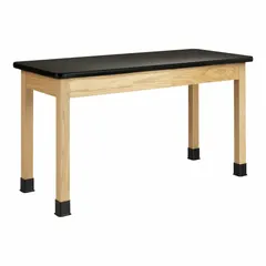Fixed-height lab table with a black laminate countertop and wood construction. Overall height 30 in, overall length 4 1/2 ft. Suitable for laboratory, educational, and industrial settings where a stable work surface is required.