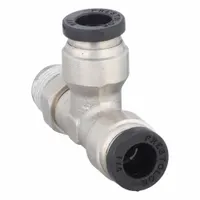 Nickel-plated brass tee fitting for branching or combining pneumatic or fluid lines. Features push-fit connections for 1/4 in OD tube and 1/4 in pipe. Overall length 1 25/32 in. Suitable for instrumentation, control panels, and general plant air circuits