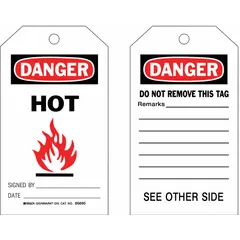 Black danger tags with red and white printing, each featuring fields for 'Hot Signed By: Date:' and 'Danger/Do Not Remove This Tag Remarks'. Supplied in a pack of 100 with cotton string fasteners. Used for lockout/tagout procedures to identify equipment under maintenance.