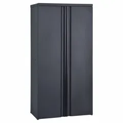 This EDSAL quick-assemble commercial shelf cabinet is constructed of black aluminum and features 4 fixed shelves for organizing tools, parts, and supplies. The stationary unit includes a leveling base for stable placement on uneven floors. Unassembled for efficient transport and storage.