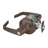 This office lever lockset is designed for commercial and institutional doors requiring key control and accessibility. It features a bronze construction with a Dark Oxidized Satin Bronze, Oil Rubbed finish, is ADA compliant, and includes a Small Format Interchangeable Core (SFIC). The Augusta design lever provides ergonomic operation