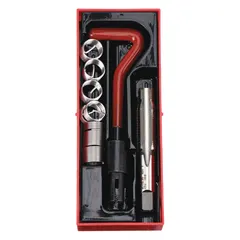 This thread repair kit includes helical inserts and a tang-style installation tool for free-running M14 sparkplug threads. The inserts are made from 18-8 stainless steel with a plain finish and 9.5 mm overall length. Suitable for restoring damaged threads in metal components.