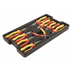 This 9-piece insulated plier set includes pliers ranging from 6 to 9 inches, with deluxe cushion grips for comfort. The set is supplied in a box and is suitable for electrical work requiring insulated hand tools.
