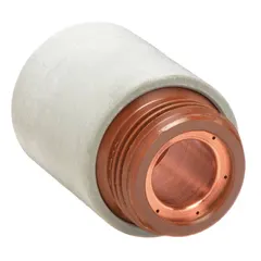 This retaining cap secures consumables in the torch head of Hypertherm T45m/45v handheld plasma torches. It ensures proper alignment during cutting operations, preventing gas leaks and maintaining arc stability. Suitable for routine maintenance of plasma cutting systems.