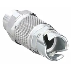 This hose fitting is a fluid quick disconnect arm for paint spray gun systems. It includes the quick disconnect arm assembly, enabling rapid line changes during finishing operations.