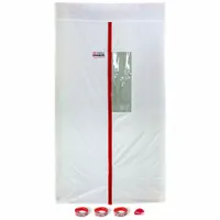 Fabric door designed for use as a dust barrier doorway in construction or renovation areas. Measures 4 ft wide by 7.25 ft high, white color. Includes storage box. Magnetic closure allows easy pass-through while maintaining the barrier
