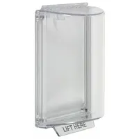 Clear polycarbonate guard for indoor electrical light switches or duplex plugs. Flush mount design with IP56 water resistance. Includes mounting hardware and LIFT HERE legend. Protects devices against vandalism and accidental damage