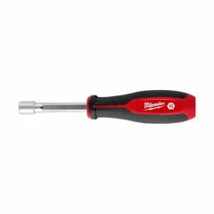 This MILWAUKEE pass-through nut driver features a HollowCore™ design for working over long threaded rods. It has a magnetized tip for secure fastener retention and a standard-length hollow hex drive for metric fasteners. Suitable for assembly, maintenance, and construction tasks involving hex nuts and bolts.