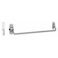 This rim-type exit device features a crossbar push bar and chrome finish, with a dummy pull outside trim. Designed for doors up to 44 inches wide, it is ADA compliant for accessible egress in commercial and institutional settings