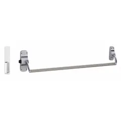This rim-type exit device features a crossbar push bar and chrome finish, with a dummy pull outside trim. Designed for doors up to 44 inches wide, it is ADA compliant for accessible egress in commercial and institutional settings.