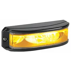 Rectangular amber LED perimeter warning light with black bezel, 1 1/2 in overall width. Operates on 12/24V DC, features 12 selectable flash patterns, and connects via pigtail with screw mounting. SAE Class 1 rated for high visibility. Suitable for service trucks, utility vehicles, and construction equipment to alert nearby personnel and traffic.