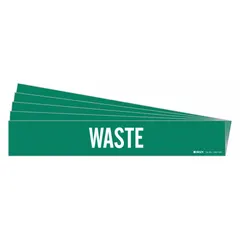 Green adhesive pipe marker with white legend text reading 'Waste'. Designed for pipe outer diameters of 8 inches and larger. Pack of 5 markers without arrows. Used to identify waste piping in industrial and commercial facilities.