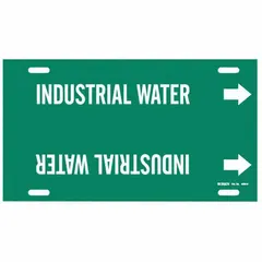 Green pipe marker with white legend reading 'Industrial Water' for identifying water lines. Fits pipe outer diameters of 10 to 15 inches. Includes directional arrows for flow indication. Supplied as a single strap-on marker.