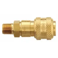 Brass quick-connect air coupling body with 1/4" male MNPT thread and sleeve locking mechanism. Designed for pneumatic air-line connections in industrial settings. Body size and hose fitting size are 1/4 inch