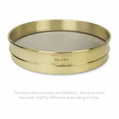 This test sieve features a #100 US Standard stainless steel screen and a brass frame, with a 12-inch outside diameter and 2 5/8-inch height. It complies with ASTM E11 standards for particle size analysis and material classification in laboratory and industrial quality control applications.