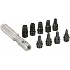 This 10-piece SAE hollow punch set is supplied in a protective case. Punches are designed for cutting clean holes in gaskets and light sheet metal, with an overall length of 4 3/4 in. Suitable for maintenance, plumbing, and automotive applications.