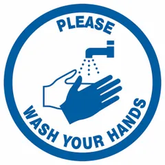 White plastic floor sign with adhesive backing for direct floor mounting. Measures 12 in x 12 in nominal size, 0.004 in thick. Not retroreflective. Used to remind personnel to wash hands in industrial, commercial, and facility environments.