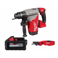 Cordless SDS-Plus rotary hammer with pistol-grip design, 6 Ah battery, 4 in maximum capacity, and 3.6 ft-lb impact energy. Operates in hammer and rotate mode for drilling and chiseling in concrete, masonry, and stone. Kit includes utility knife.
