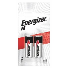 Alkaline battery with 1.5V DC output and 850 mAh capacity. Suitable for low-drain devices such as remote controls, clocks, flashlights, and wireless sensors. Pack of 2.