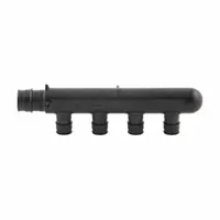 Polymer branch manifold with one inlet and four outlets, sized 1 in and 1/2 in. Rated for maximum operating pressure of 73 psi. Used in plumbing and heating systems for distributing flow from a single supply line to multiple branches, such as in radiant heating or hydronic distribution networks