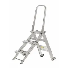 This folding step stool from XTEND + CLIMB features a silver aluminum frame with a 375 lb load capacity. It has an overall height of 4.2 ft and a standing height of 2.3 ft, with foldable handrails for stability. Suitable for accessing elevated areas in industrial, warehouse, and maintenance settings.