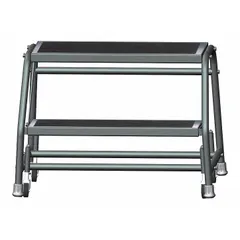 Steel rolling step stool with two steps, rated for 450 lb. Overall height 1.6 ft, standing height 2.4 ft. Four swivel casters for mobility. Suitable for reaching elevated work areas in warehouses, retail, and industrial settings.